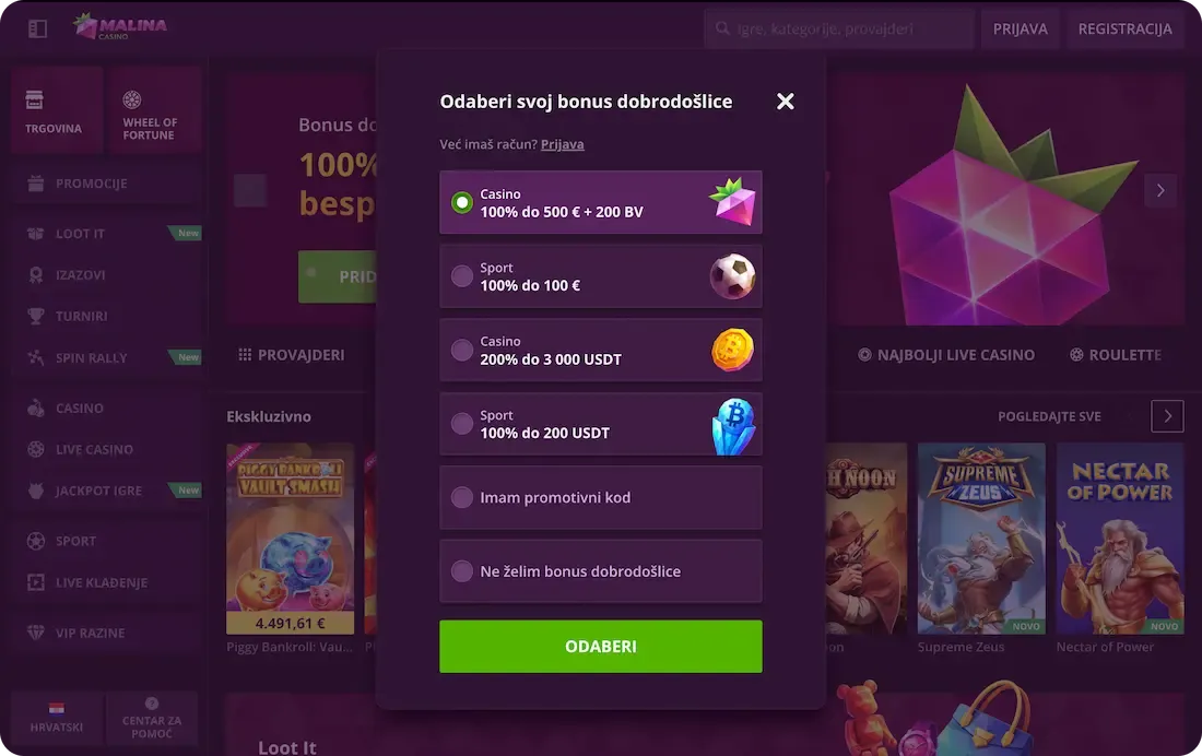 malina casino bonus svi