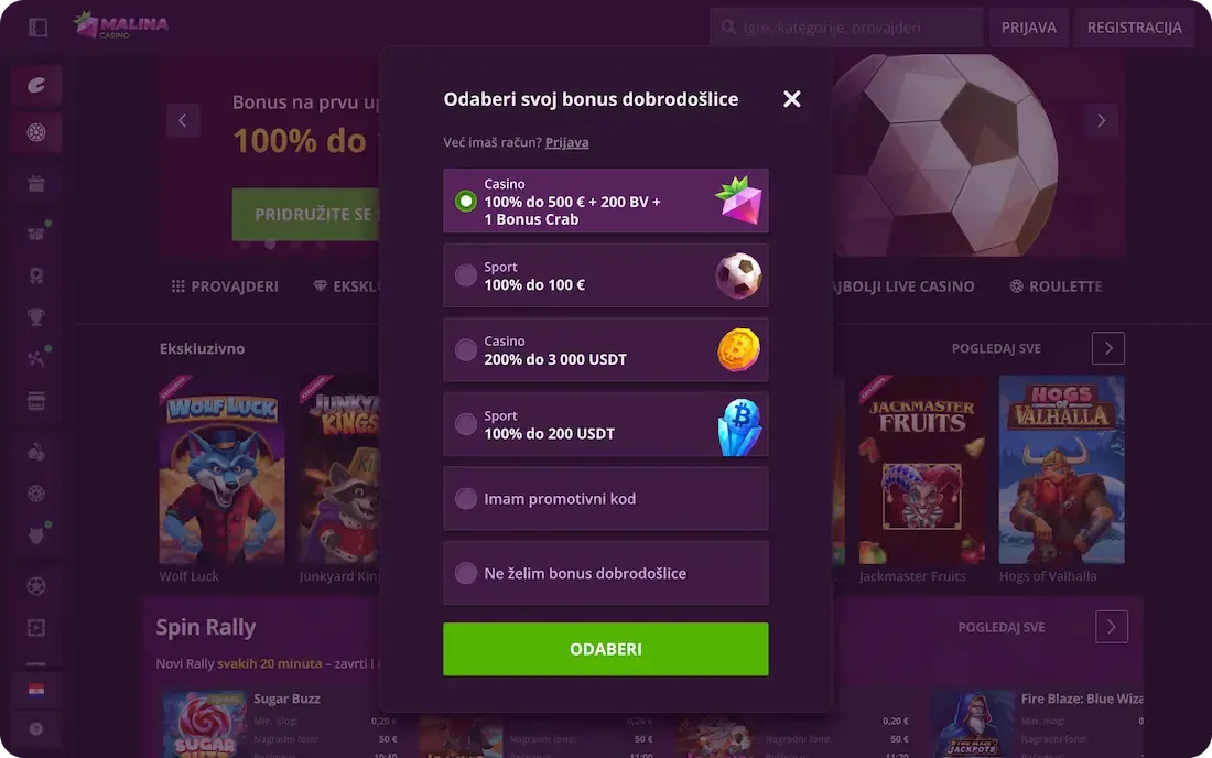 malina casino bonus dobrodošlice